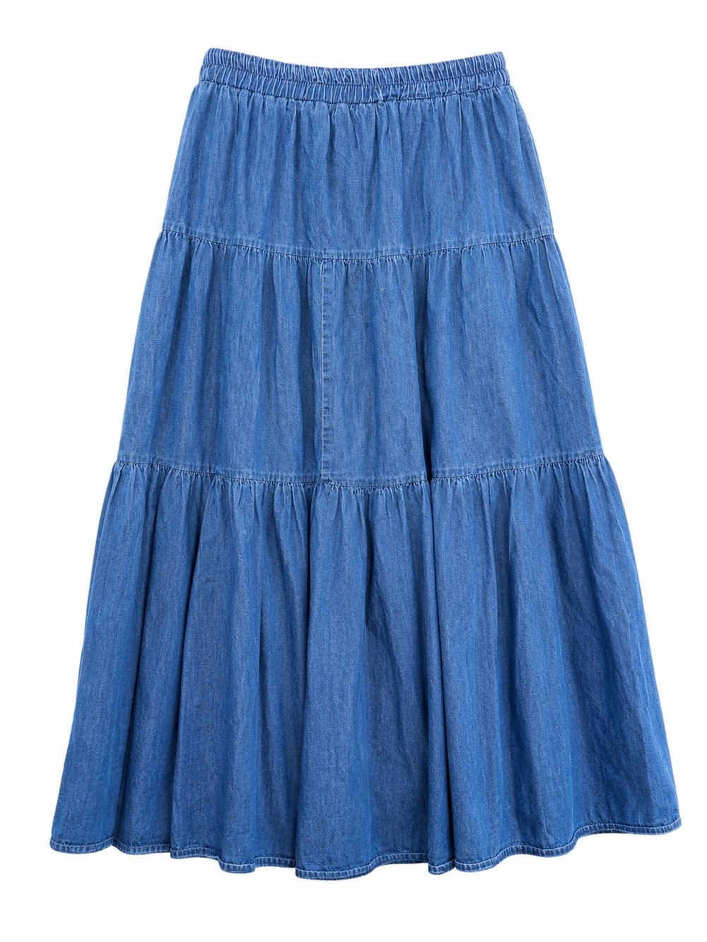 Vtg Glen Cove Chambray Tiered Maxi Skirt XL Cottagecore Boho Prairie